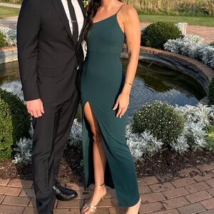 Lulu’s floor length high slit dress, teal